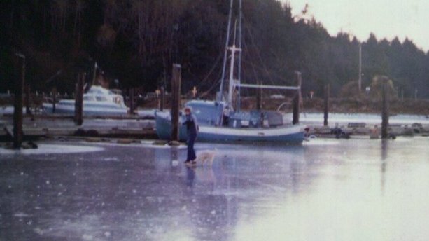 Winchester Bay 1972 - boy and dog walking on the iced over harbor.